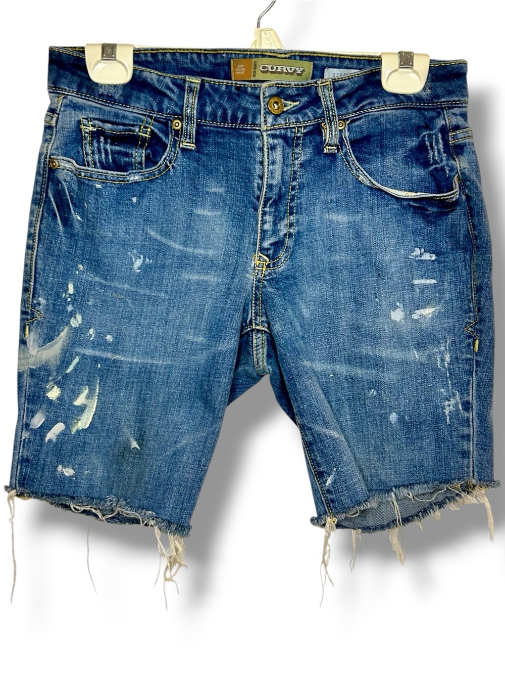 OOAK Upcycled Artist Distressed Paint Denim Cutoff Jean Shorts Raw Hem Curvy Fit
